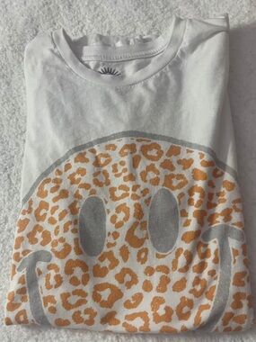 White Tee with Orange Leopard Smiley Graphic